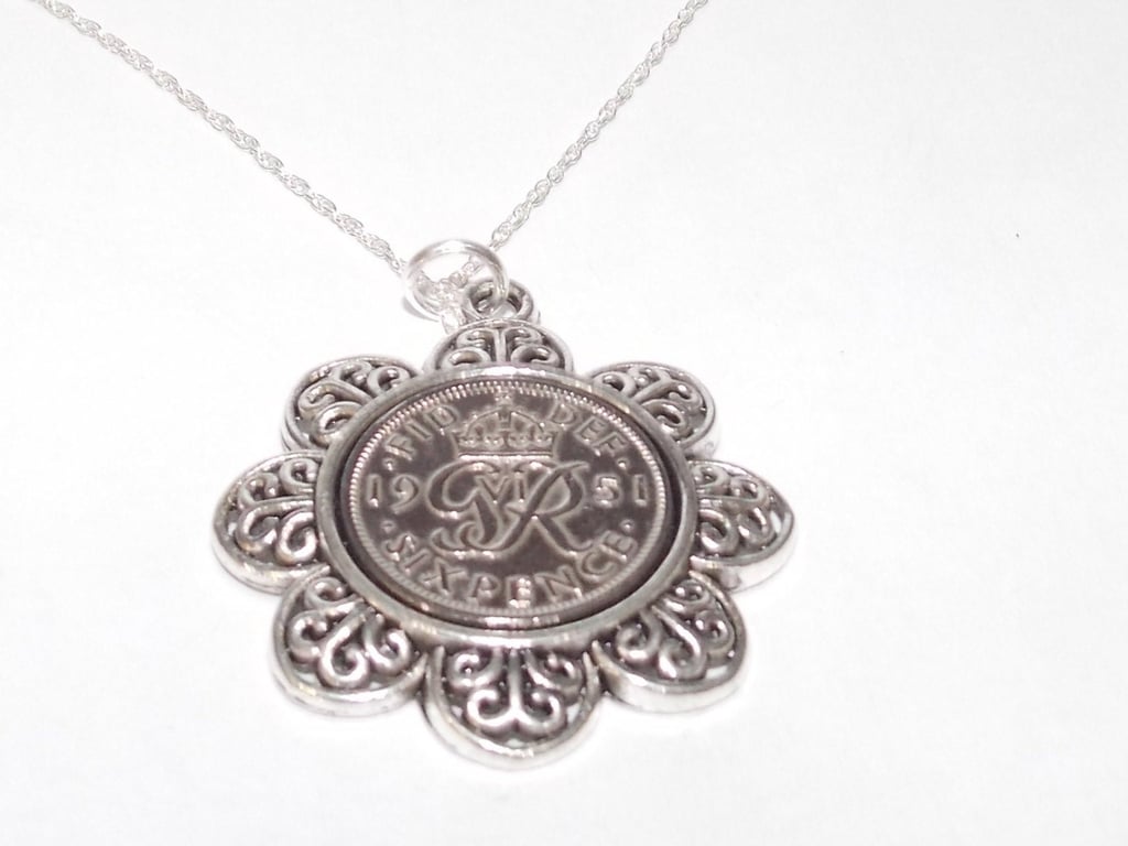 Floral Pendant 1951 Lucky sixpence 75th Birthday plus a Sterling Silver 18in Cha