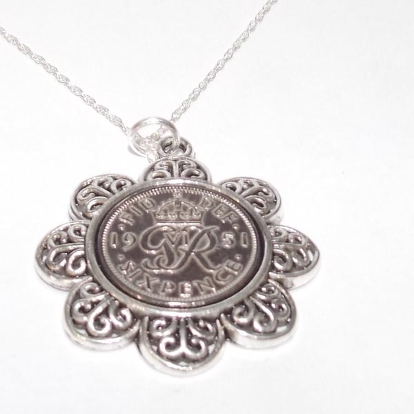 Floral Pendant 1951 Lucky sixpence 69th Birthday plus a Sterling Silver 18in Cha