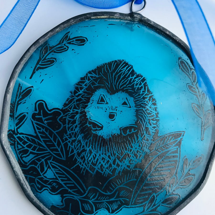 Hedgehog  stained glass suncatcher, circle, blue