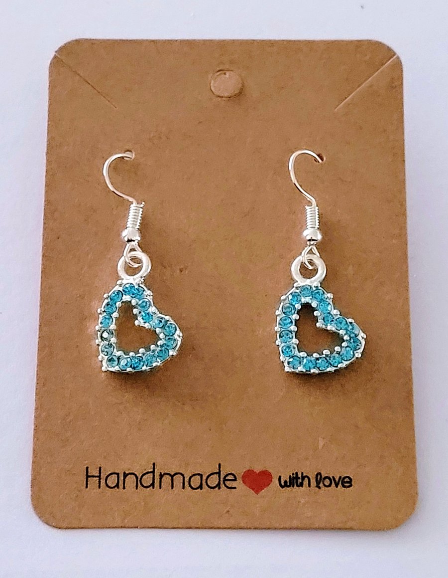 Blue Crystal Heart Charm Dangle Earrings on Silver Plated Earring Hooks