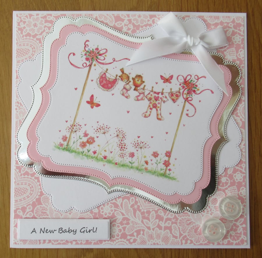 7x7" Baby Clothes on a Washing Line - New Baby Girl Card