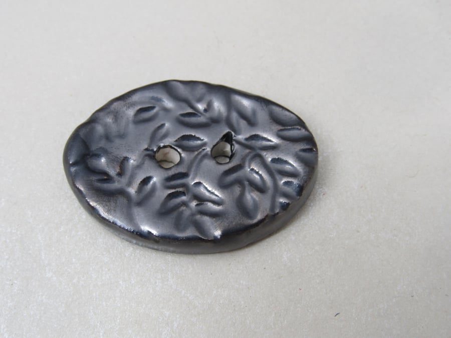 Large Metallic Pewter Sprig Oval Handmade Ceramic Button