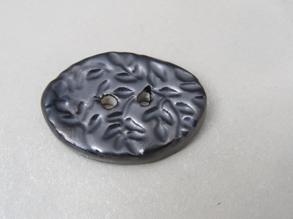 Large Metallic Pewter Sprig Oval Handmade Ceramic Button