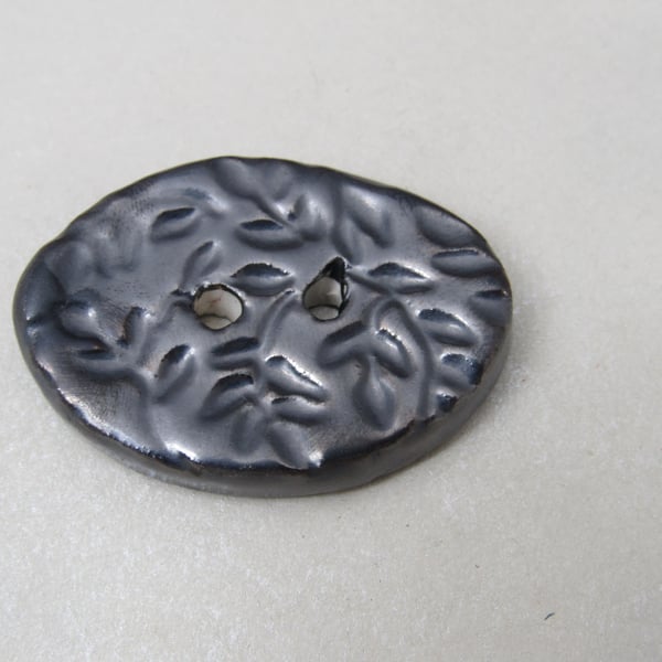 Large Metallic Pewter Sprig Oval Handmade Ceramic Button