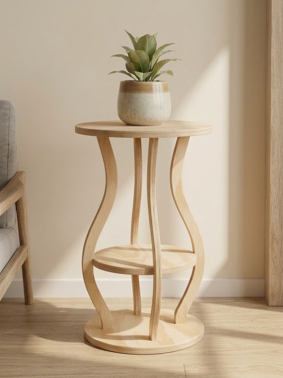 Modern Wooden Accent End Table, Curved Plant Shelf, Bedside Table, Minimalist Ho