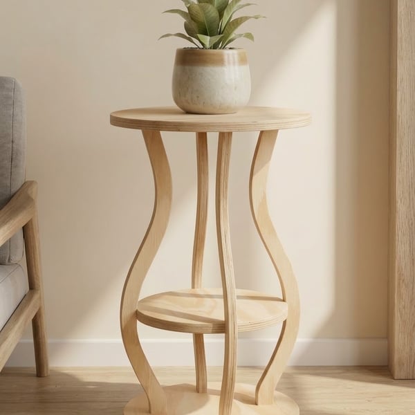 Modern Wooden Accent End Table, Curved Plant Shelf, Bedside Table, Minimalist Ho