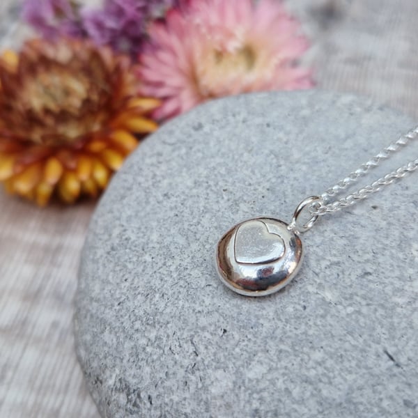 Sterling Silver Pebble Necklace with Silver Heart.