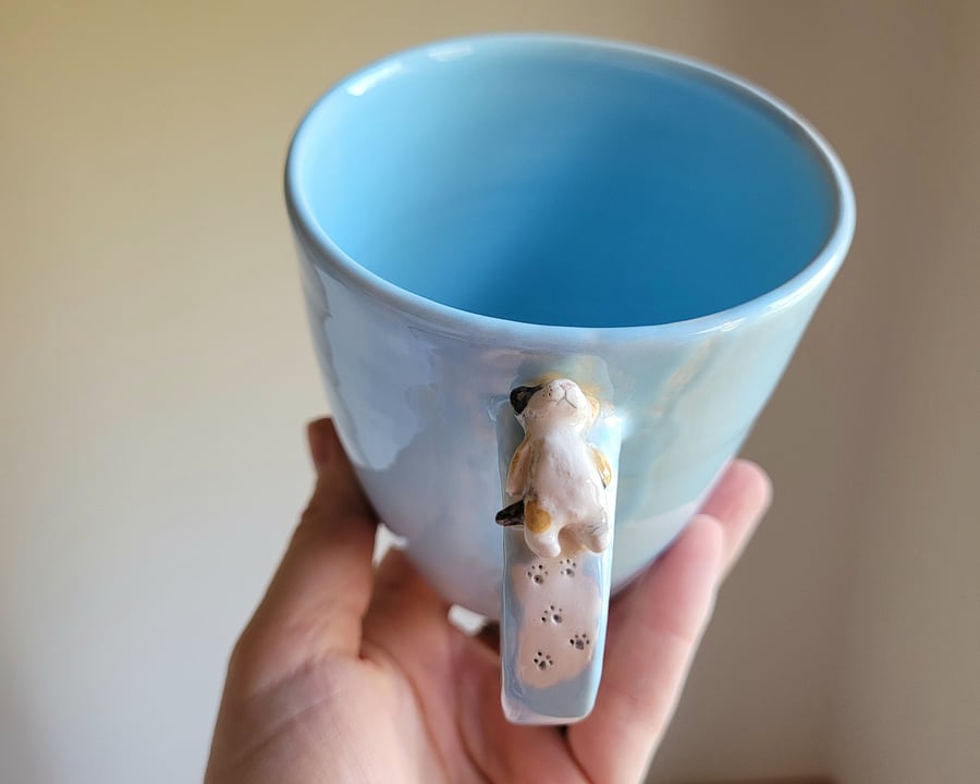 Handmade blue cat cup with tiny cat handpainted calico kitty mug Seconds Sunday