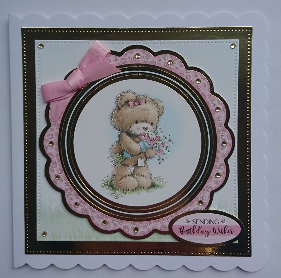 3D Luxury Handmade Card Sending Birthday Wishes Girl Teddy Bear Bouquet Flowers