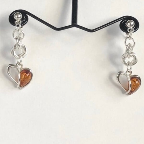 Amber Heart Chainmaille Earrings