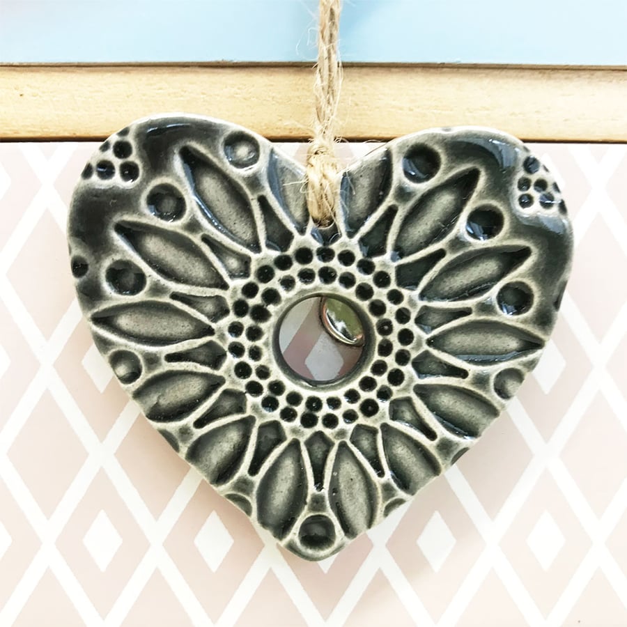 Small Ceramic heart hanging decoration Pottery Heart Folk art Grey