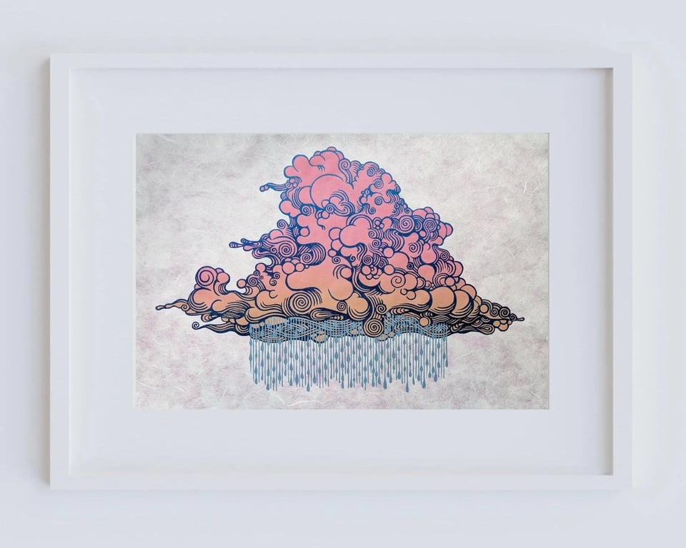 Colourful Raincloud Linocut Print