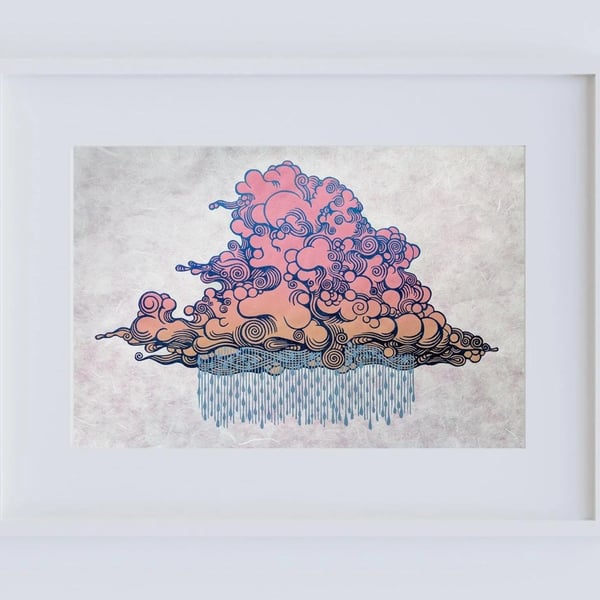 Colourful Raincloud Linocut Print