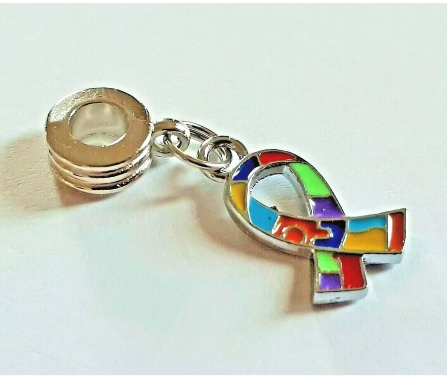 Autism Awareness Small Ribbon Charm on Silver Coloured Alloy Charm Dangle