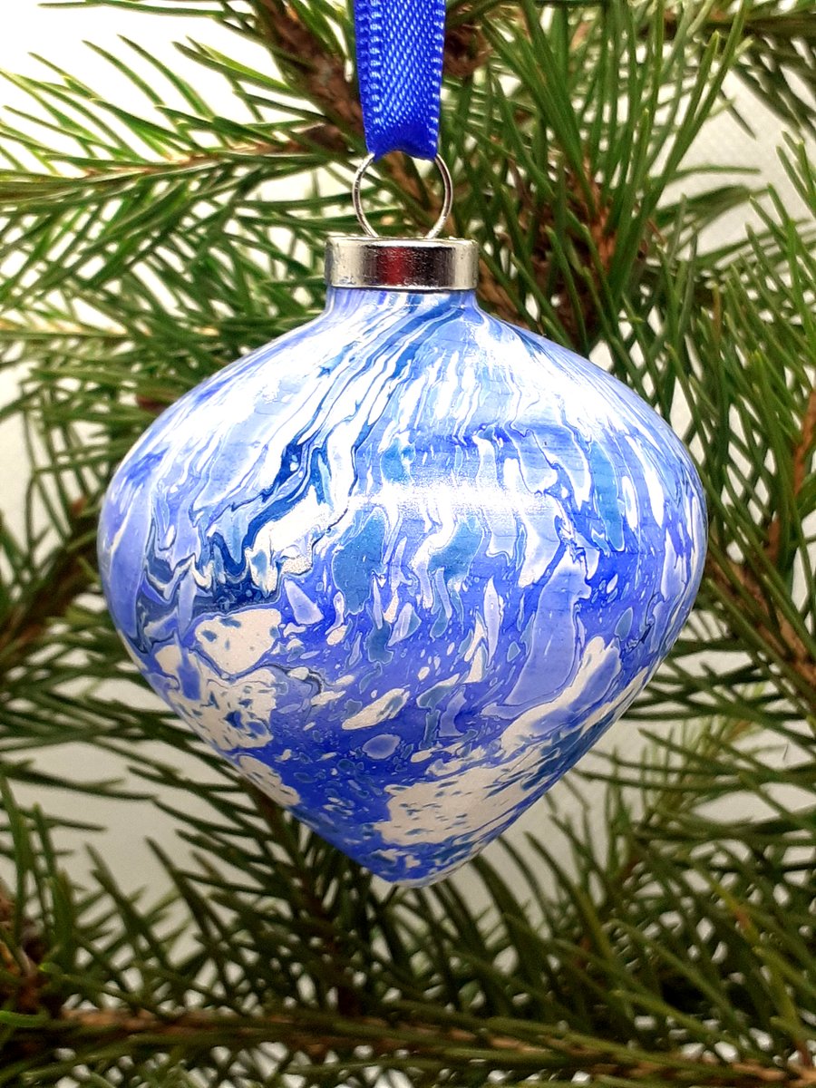 Christmas bauble blue and silver marbled ceramic drop decoration ooak