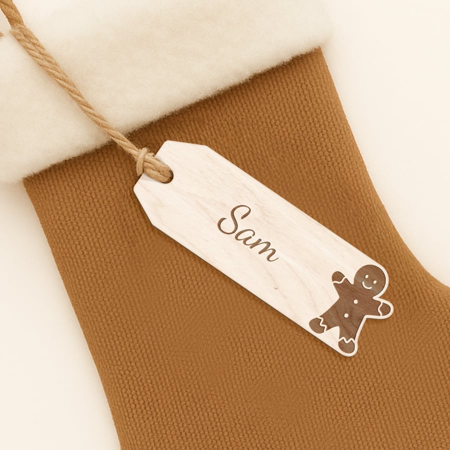 Personalised Wood Christmas Tag – Gingerbread: Custom Name Gift Tag for Stocking