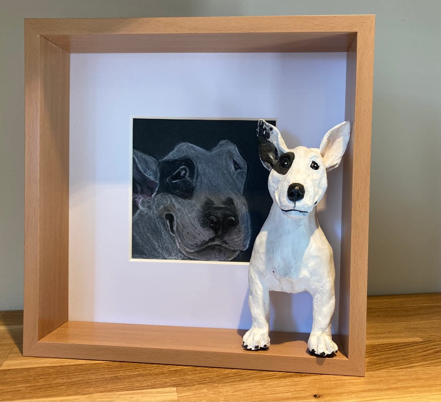 Animal Ceramic Sculpture and pastel sketch  - Framed Miniature 