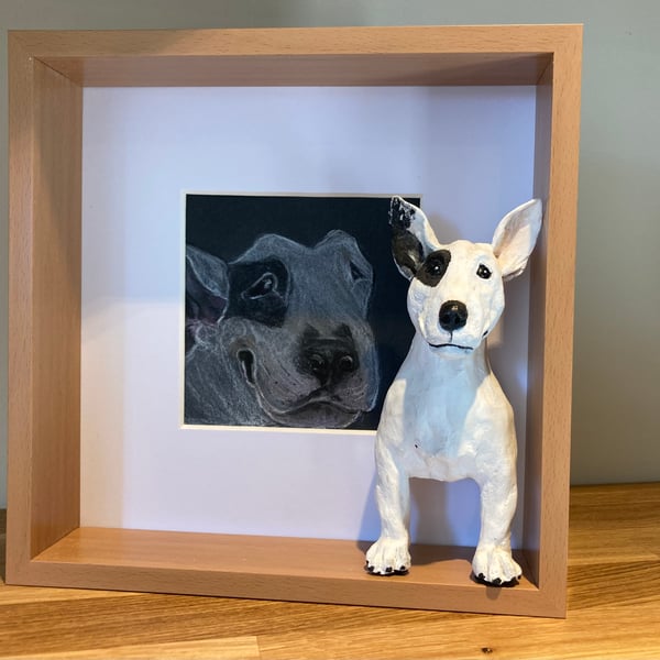 Animal Ceramic Sculpture and pastel sketch  - Framed Miniature 