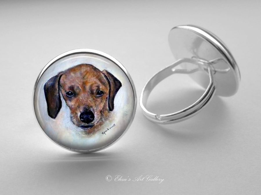 Silver Plated Dachshund Dog Art Glass Cabochon Ring