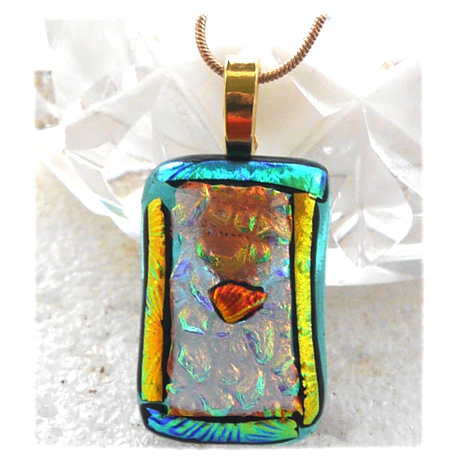 Emerald Amber Patchwork Dichroic Glass Pendant 213 gold plated chain