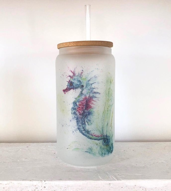 Seahorse Watercolour, Frosted Glass Tumbler with Bamboo Lid & Straw, 500ml 