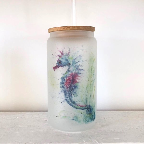 Seahorse Watercolour, Frosted Glass Tumbler with Bamboo Lid & Straw, 500ml 