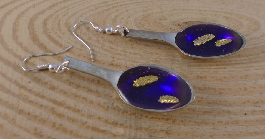 Upcycled Silver Plated Purple Feather Sugar Tong Spoon Earrings SPE072014