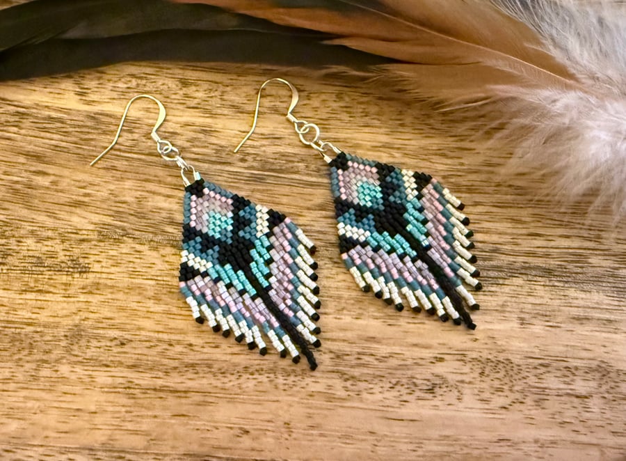 Southwestern style bead woven fringe earrings in pink and turquoise 