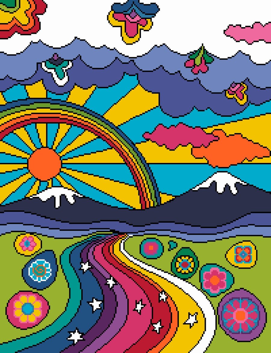 077 - Psychedelic Retro Rainbow Landscape & Sunrise - Cross Stitch Pattern