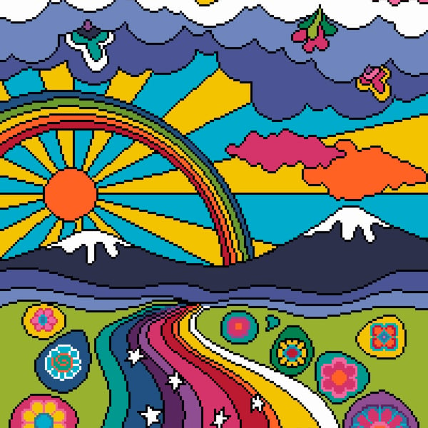 077 - Psychedelic Retro Rainbow Landscape & Sunrise - Cross Stitch Pattern