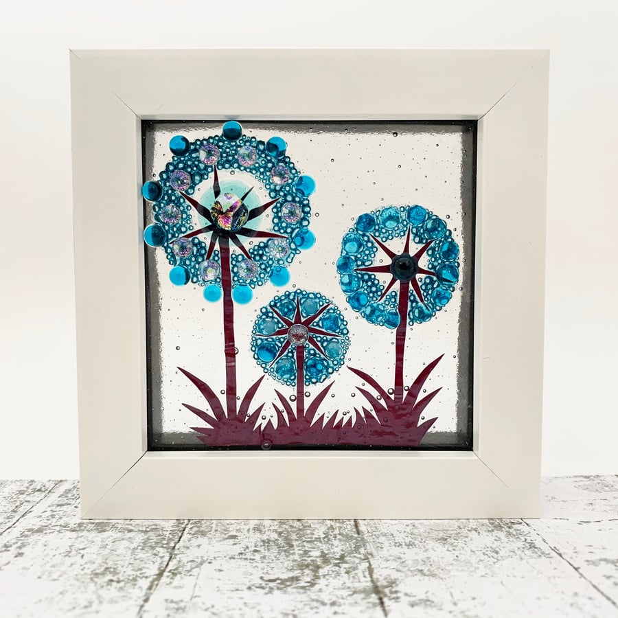 Fused Glass Allium Picture - Freestanding Framed Fused Glass Picture