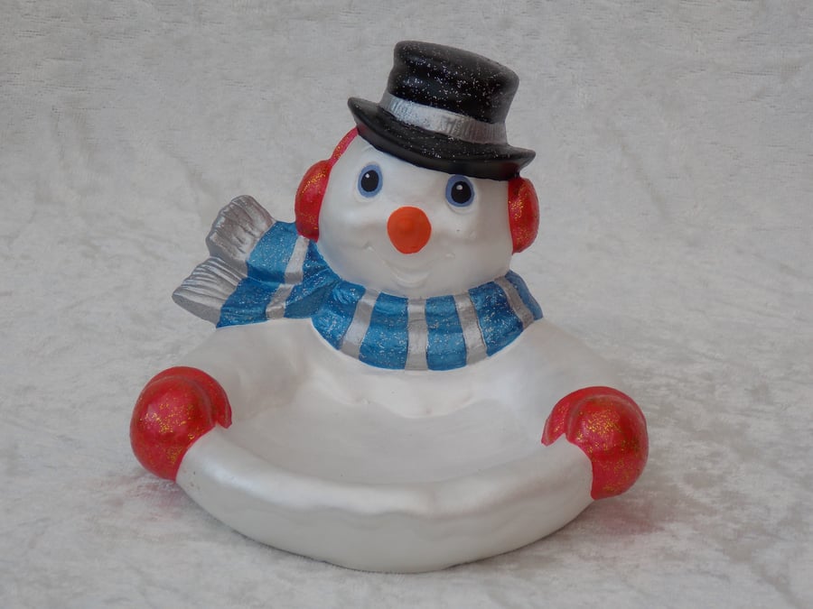 Hand Painted Ceramic White Novelty Snowman Sweets Christmas Candy Dish Holder.