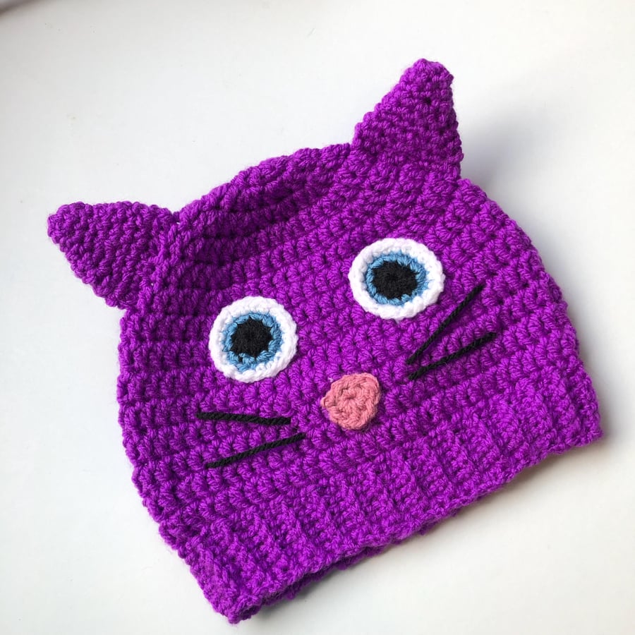 Purple Cat Woolly Hat, Bright Kitten Hat, Acrylic Crochet Hat, Kitty Cat