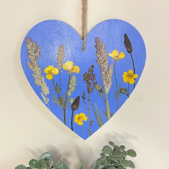 Pressed Flower Hand Painted Wooden Heart Buttercups and Grasses Botanical Art