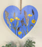 Pressed Flower Hand Painted Wooden Heart Buttercups and Grasses Botanical Art - Image 1
