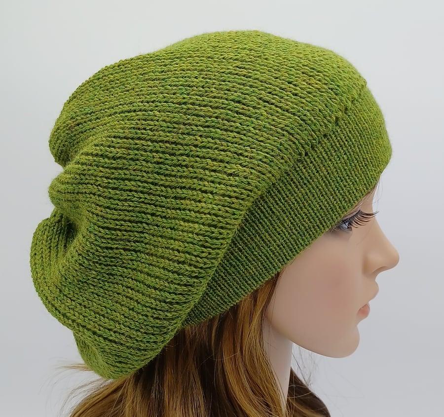 Handmade knitted  green alpaca blend baggy beanie, fall tam, slouchy beanie