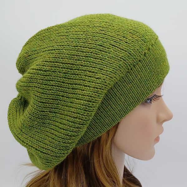 Handmade knitted  green alpaca blend baggy beanie, fall tam, slouchy beanie