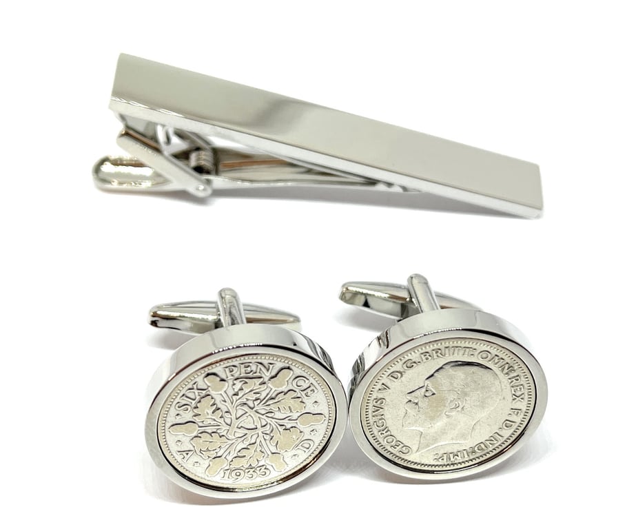 1933 Sixpence Cufflinks 92nd birthday. Original sixpence coins Tie Set gift HT
