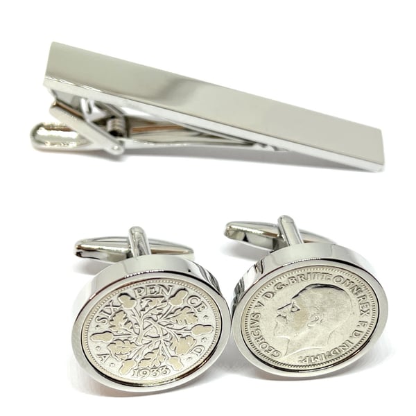1933 Sixpence Cufflinks 91st birthday. Original sixpence coins Tie Set gift HT