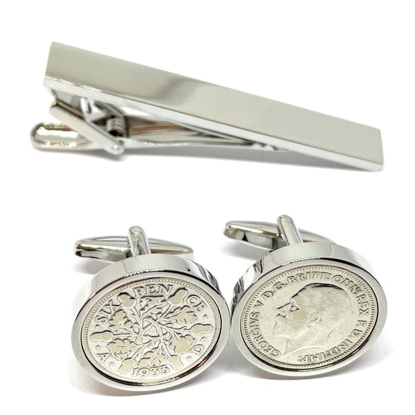 1933 Sixpence Cufflinks 92nd birthday. Original sixpence coins Tie Set gift HT