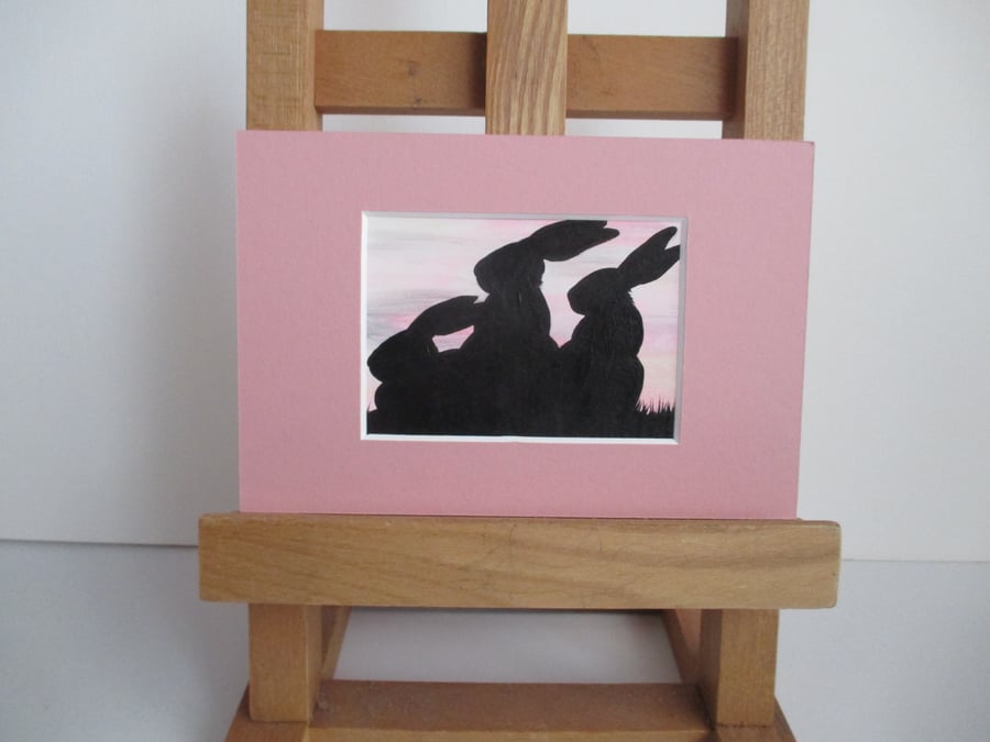 Bunny Rabbit ACEO painting Silhouette original art mounted ready to frame pink