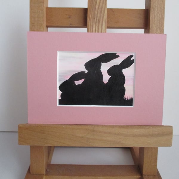 Bunny Rabbit ACEO painting Silhouette original art mounted ready to frame pink