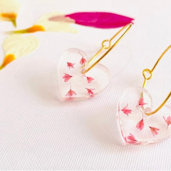 Hoop earrings with heart charm, real flower jewellery, botanical flower earrings