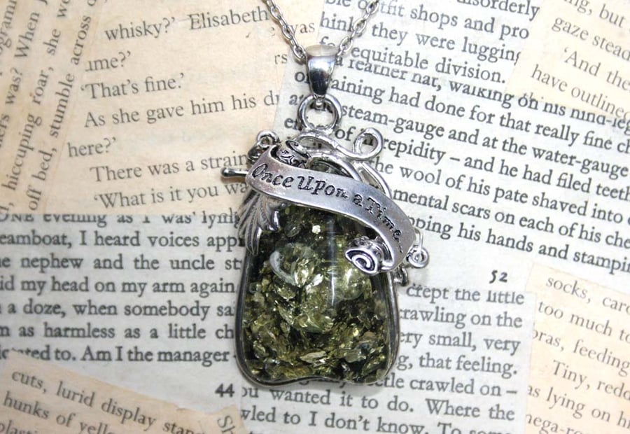 Once Upon A Time Fairy Tale Faux Green Amber Silver Pendant Necklace