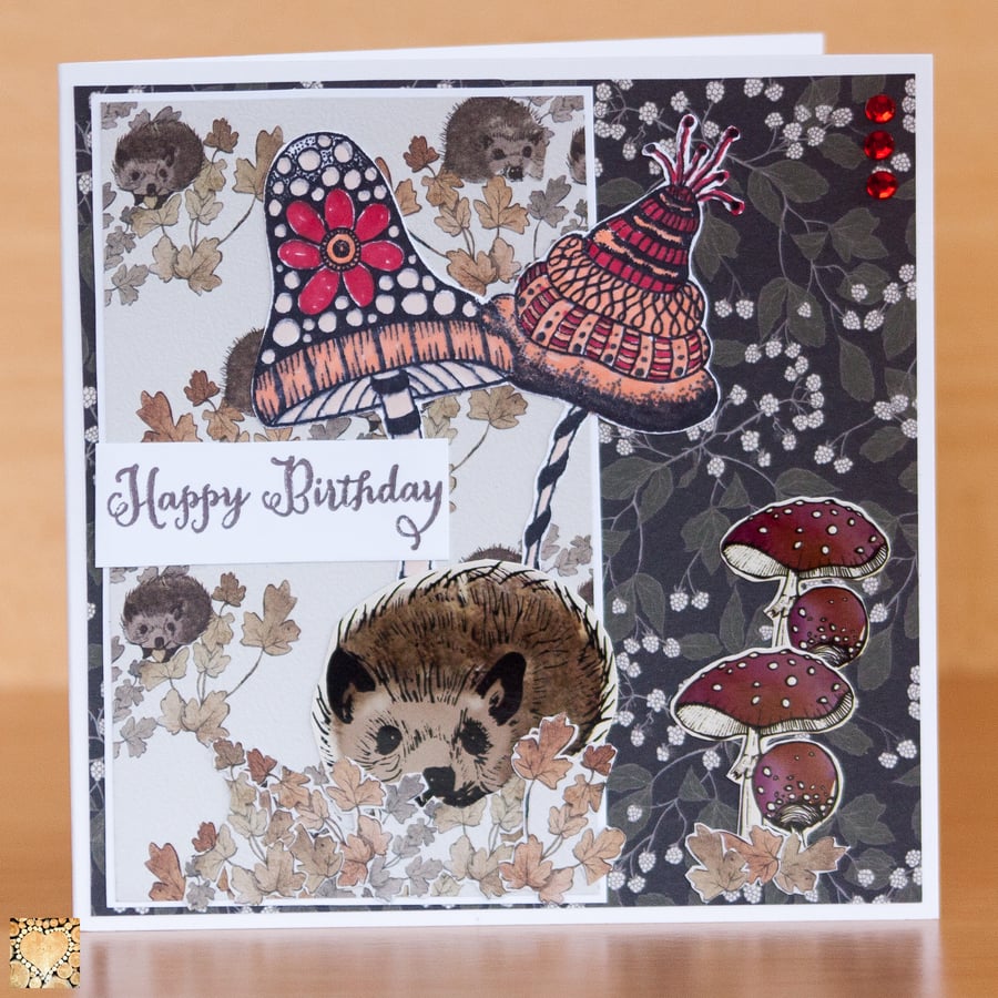 Happy Birthday hedgehog and toadstools autumn theme unique handmade card