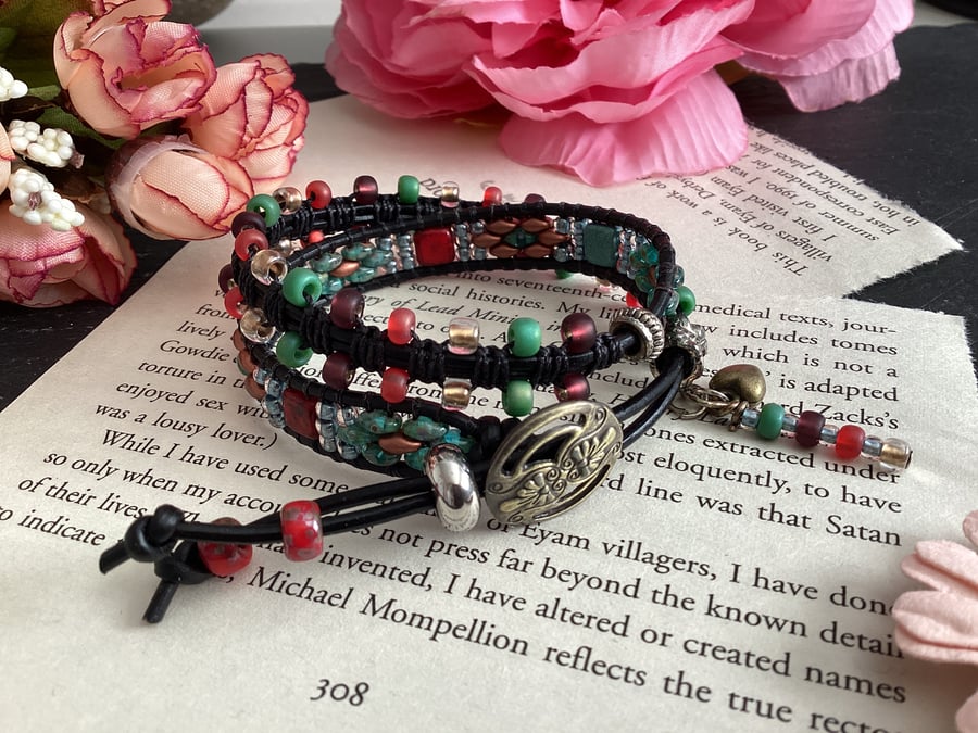 Beaded double wrap boho leather charm bracelet, adjustable bracelet