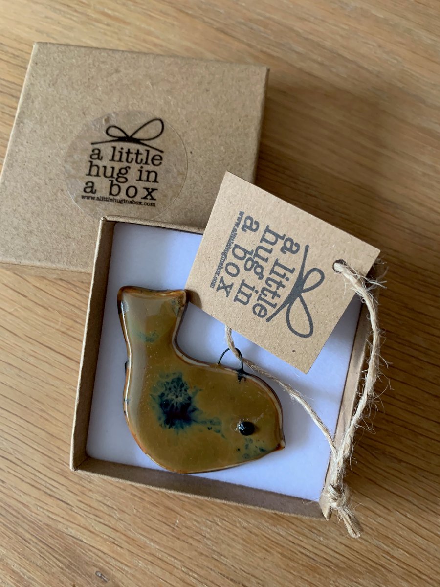  A Little Hug in a Box Hand Made Blue and Brown Speckled Porcelain Bird  