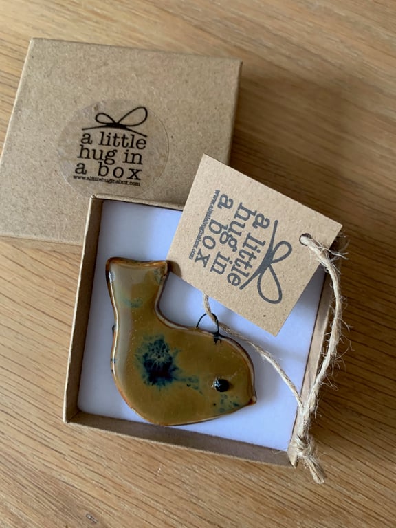  A Little Hug in a Box Hand Made Blue and Brown Speckled Porcelain Bird  