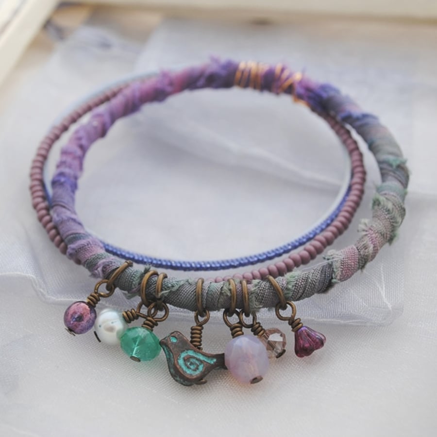 Sari bangle charm bracelet set with greek verdigris bird charm