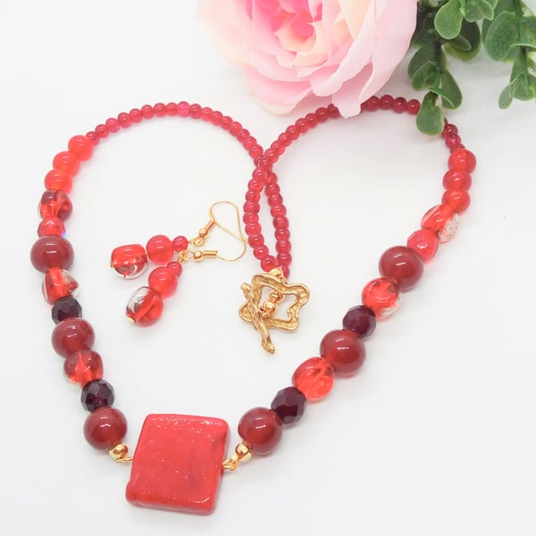 Red Beaded Necklace with Red Tile Pendant and Earrings Set, Gift for Her